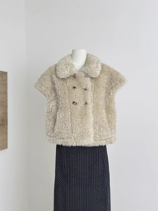 Öko-barát nyúl szőrme mellény, ujjatlan, magas gallér, ultra rövid hossz, elegáns téli kültéri ruházat