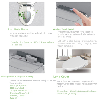 Inteligentný kryt na toaletu - aróma, čistenie a sterilizácia; PP materiál; 134-180 mm nastaviteľný rozostup otvorov; nabíjateľná vodotesná batéria; 500 ml čistiaca nádrž.