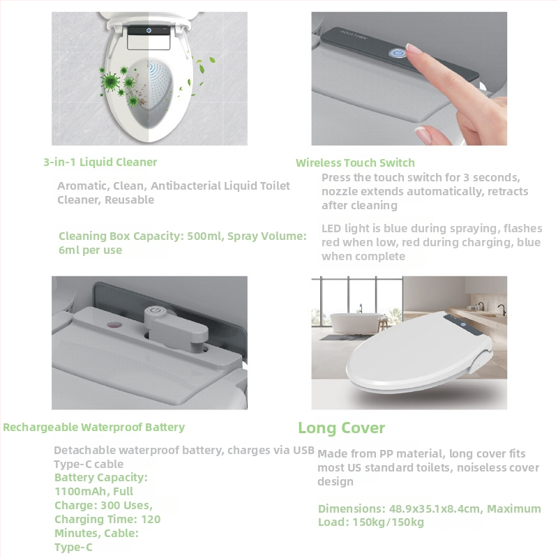 Inteligentný kryt na toaletu - aróma, čistenie a sterilizácia; PP materiál; 134-180 mm nastaviteľný rozostup otvorov; nabíjateľná vodotesná batéria; 500 ml čistiaca nádrž.