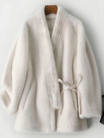 Kozni kaput s V izrezom, dugi rukavi, srednja duljina 50-65 cm, Mink Velvet krzno, poliester