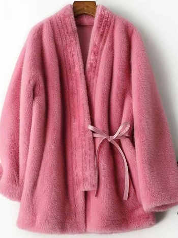 Kozni kaput s V izrezom, dugi rukavi, srednja duljina 50-65 cm, Mink Velvet krzno, poliester