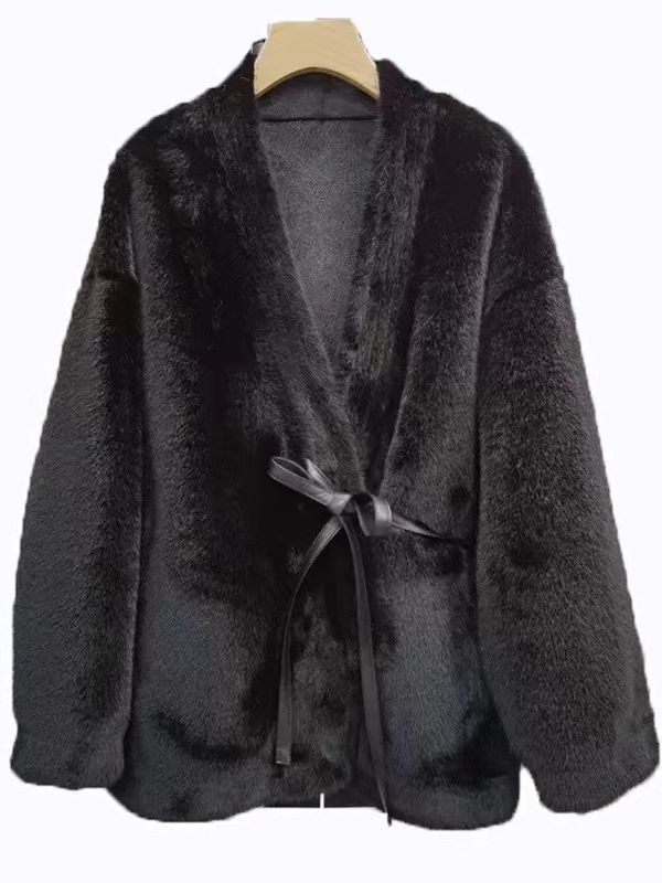 Kozni kaput s V izrezom, dugi rukavi, srednja duljina 50-65 cm, Mink Velvet krzno, poliester