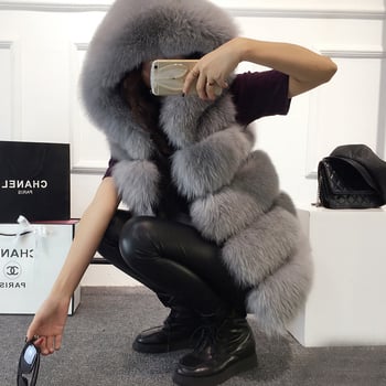 Vestă din blană sintetică cu glugă, fără mâneci, guler în V, lungime medie 65-80 cm, vulpe și nurcă