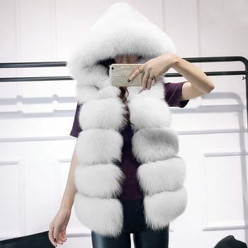 Vestă din blană sintetică cu glugă, fără mâneci, guler în V, lungime medie 65-80 cm, vulpe și nurcă