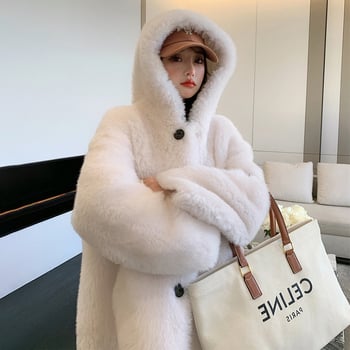 Palton cu glugă din lână, blană de miel, pentru femei, lungime medie, lansare toamna 2025