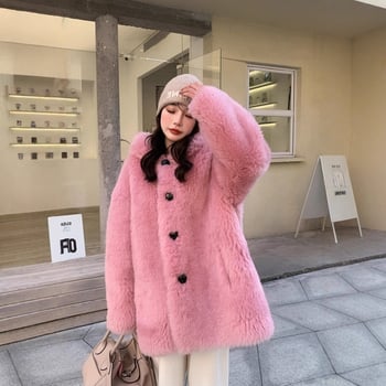 Palton cu glugă din lână, blană de miel, pentru femei, lungime medie, lansare toamna 2025