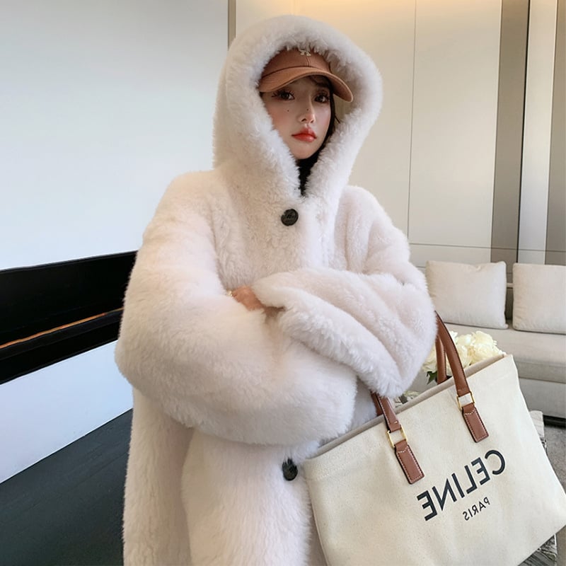 Palton cu glugă din lână, blană de miel, pentru femei, lungime medie, lansare toamna 2025