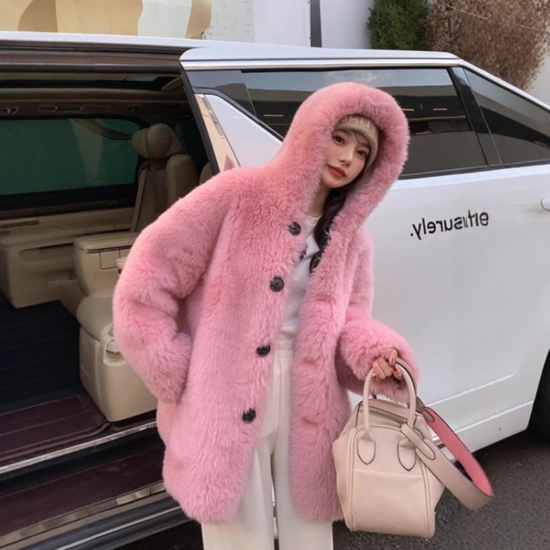 Palton cu glugă din lână, blană de miel, pentru femei, lungime medie, lansare toamna 2025