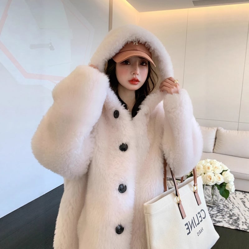 Palton cu glugă din lână, blană de miel, pentru femei, lungime medie, lansare toamna 2025
