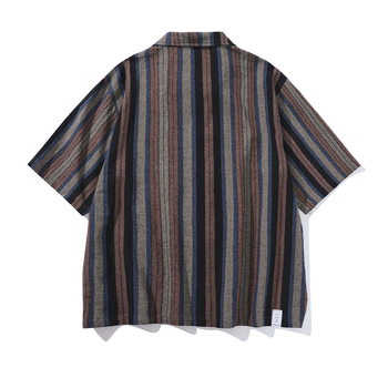 Muška vintage prugasta košulja s kubanskim ovratnikom, slim fit, 3/4 rukavi, konopna tkanina