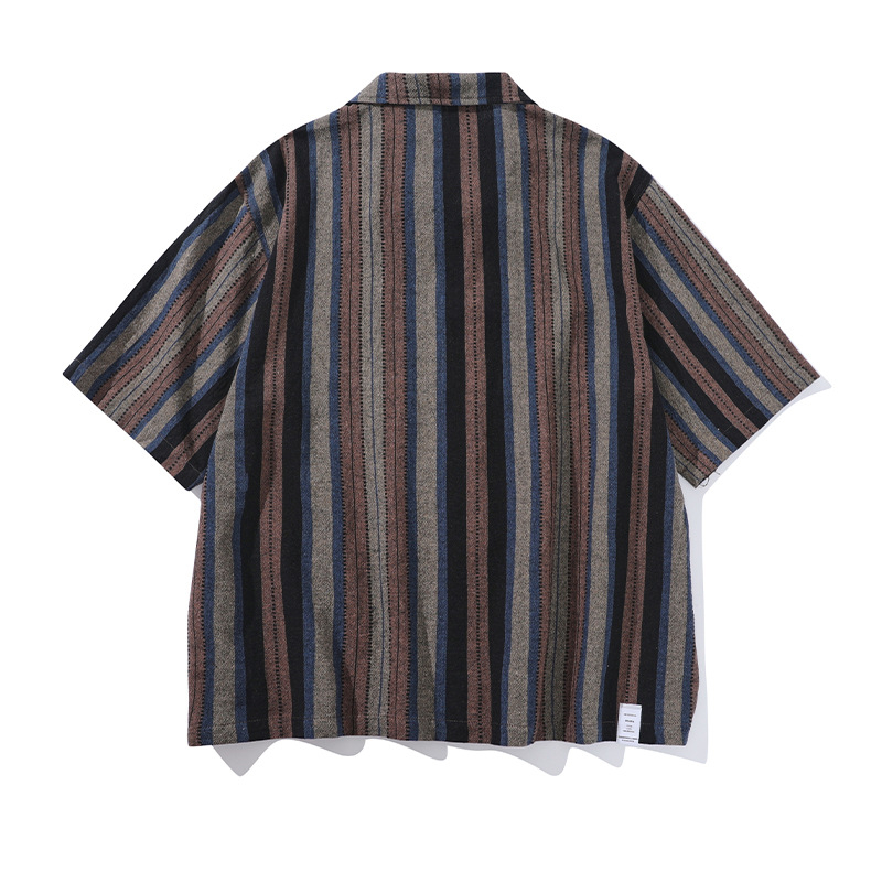 Muška vintage prugasta košulja s kubanskim ovratnikom, slim fit, 3/4 rukavi, konopna tkanina