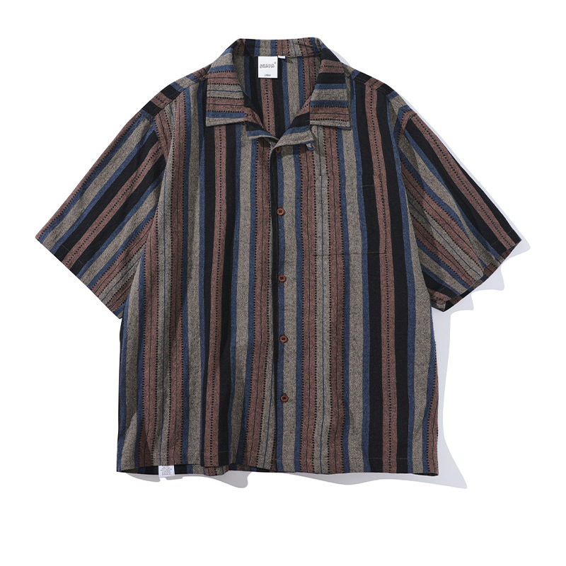 Muška vintage prugasta košulja s kubanskim ovratnikom, slim fit, 3/4 rukavi, konopna tkanina