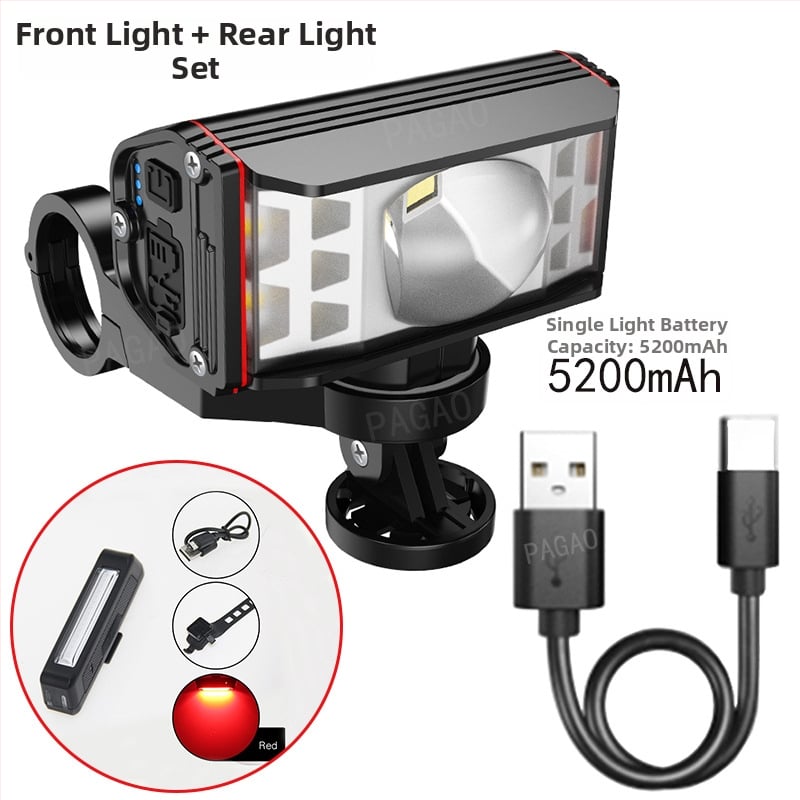 PAGAO Фар за планински велосипед от алуминиева сплав – висока яркост, презареждаем USB-C, 5200mAh, монтаж чрез окачване, офроуд каране