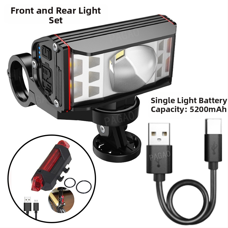 PAGAO Фар за планински велосипед от алуминиева сплав – висока яркост, презареждаем USB-C, 5200mAh, монтаж чрез окачване, офроуд каране