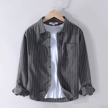 Pamut flaneles ing, csíkos, hosszú ujjú, laza szabás, széles gallér, fleece bélés, casual business
