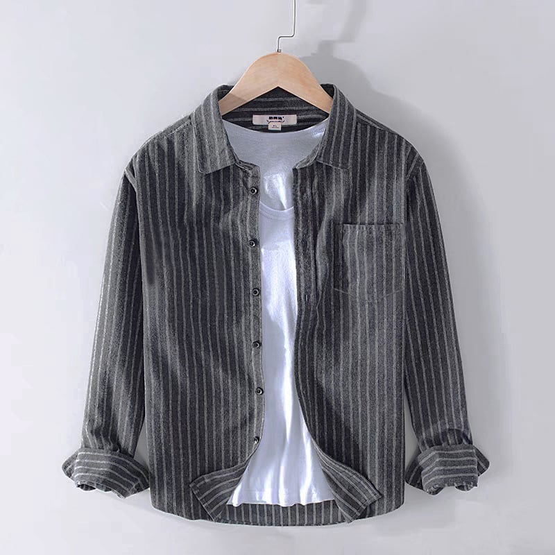 Pamut flaneles ing, csíkos, hosszú ujjú, laza szabás, széles gallér, fleece bélés, casual business