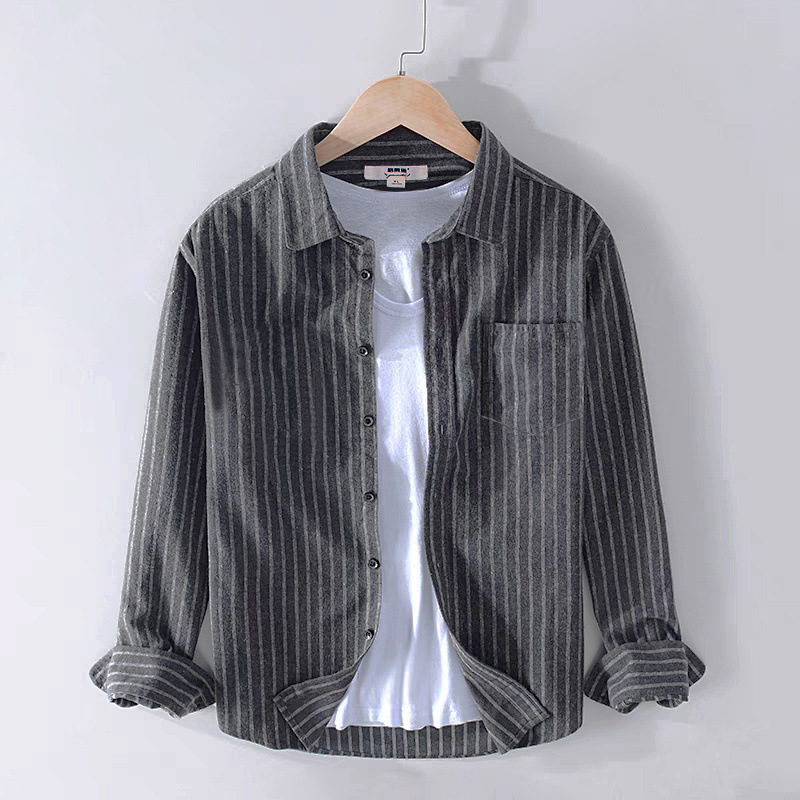 Pamut flaneles ing, csíkos, hosszú ujjú, laza szabás, széles gallér, fleece bélés, casual business