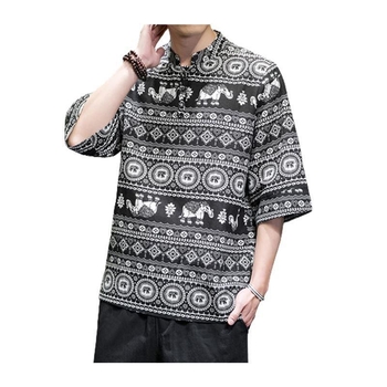 Muški T-shirt s japanskim retro printom, prugasti uzorak, okrugli izrez, 3/4 rukavi, antibakterijska lanena tkanina.