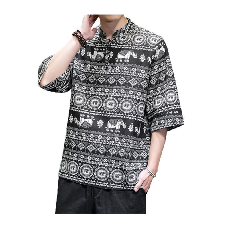 Muški T-shirt s japanskim retro printom, prugasti uzorak, okrugli izrez, 3/4 rukavi, antibakterijska lanena tkanina.