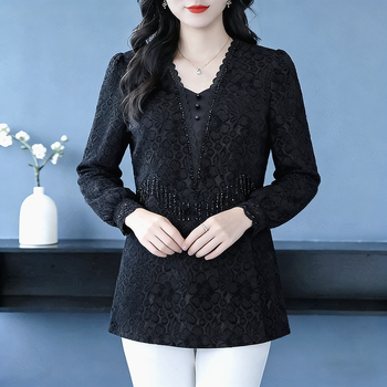 Csipkés chiffonblúz hosszú ujjakkal, egyszínű, elegáns mindennapi viselet, poliészter keverék