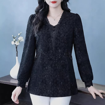 Csipkés chiffonblúz hosszú ujjakkal, egyszínű, elegáns mindennapi viselet, poliészter keverék