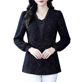 Csipkés chiffonblúz hosszú ujjakkal, egyszínű, elegáns mindennapi viselet, poliészter keverék