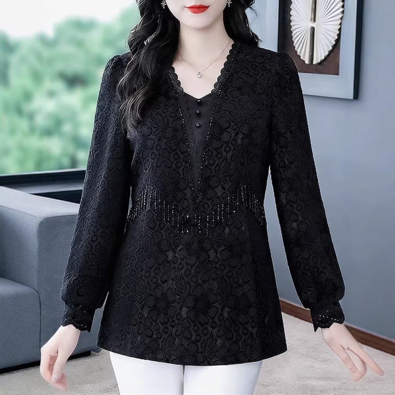 Csipkés chiffonblúz hosszú ujjakkal, egyszínű, elegáns mindennapi viselet, poliészter keverék