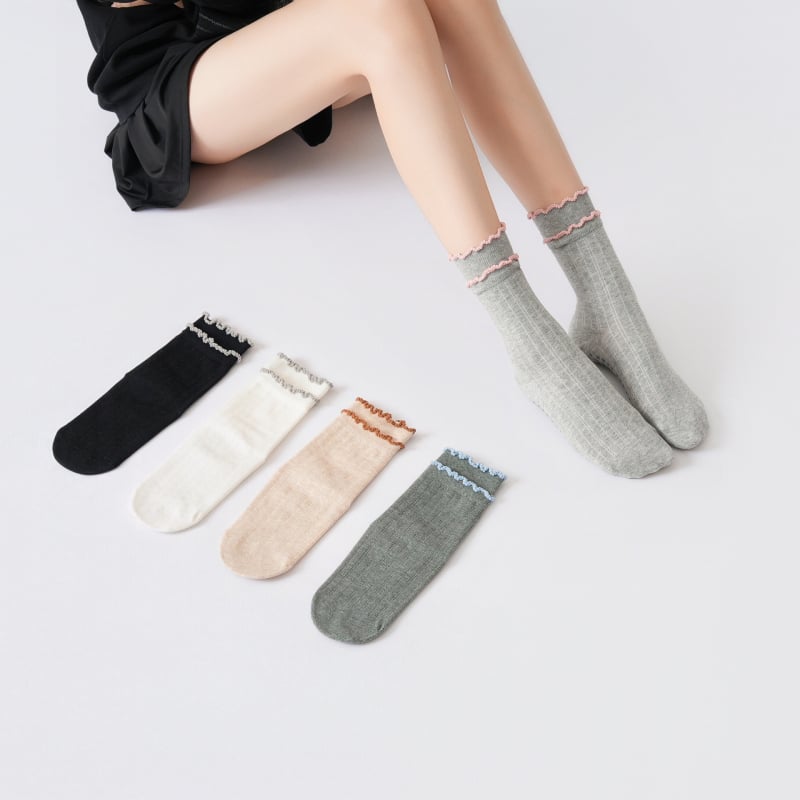 Памучни дамски чорапи за йога с двойно дантелено покритие, против подхлъзване, антибактериални, попиване на пот, средна дължина, на райета