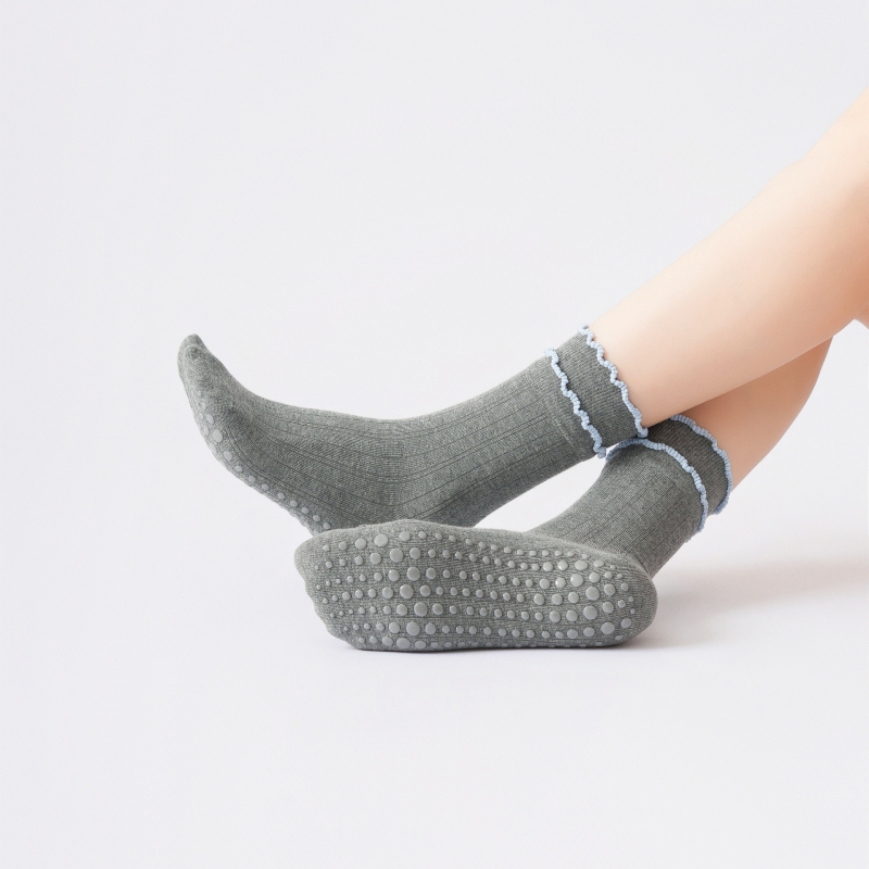 Памучни дамски чорапи за йога с двойно дантелено покритие, против подхлъзване, антибактериални, попиване на пот, средна дължина, на райета
