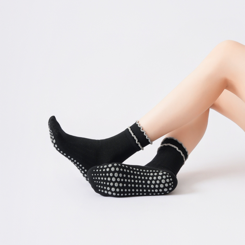 Памучни дамски чорапи за йога с двойно дантелено покритие, против подхлъзване, антибактериални, попиване на пот, средна дължина, на райета