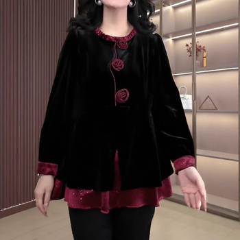 Női elegáns hosszú ujjú chiffon-blúz nehéz kézi hímzéssel