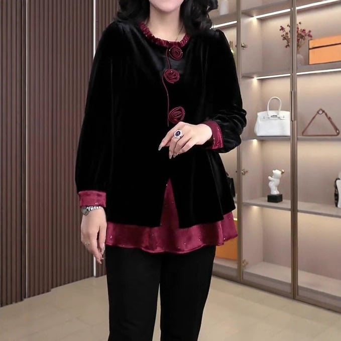 Női elegáns hosszú ujjú chiffon-blúz nehéz kézi hímzéssel