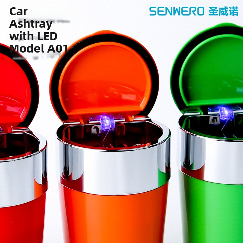 Popolník do auta s LED svetlom, kruhový tvar, plast injekčné, model A01, hmotnosť 102 g, značka San Wino senwero (Model: A01; Materiál: Plast; LED svetlo; Hmotnosť: 102 g; Značka: San Wino senwero)