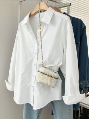 Női hosszú ujjú ing lazán szabott, reveres gallér, poliészter 95%+, középméretű hossz 65–80 cm