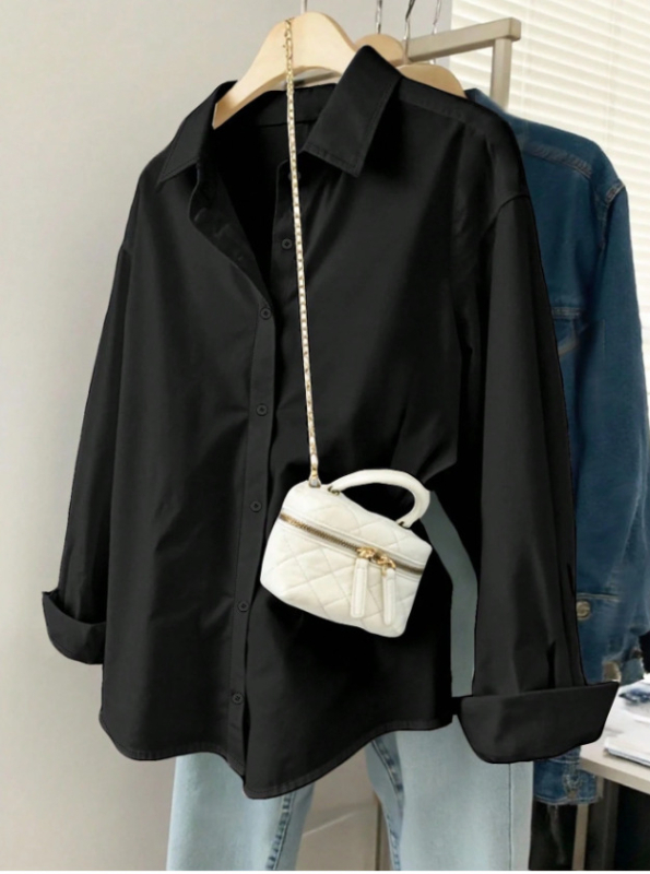 Női hosszú ujjú ing lazán szabott, reveres gallér, poliészter 95%+, középméretű hossz 65–80 cm