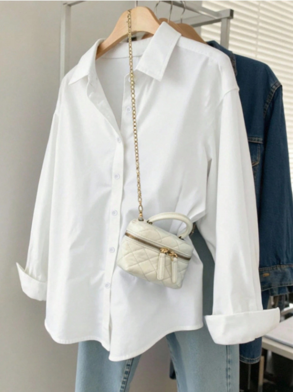 Női hosszú ujjú ing lazán szabott, reveres gallér, poliészter 95%+, középméretű hossz 65–80 cm