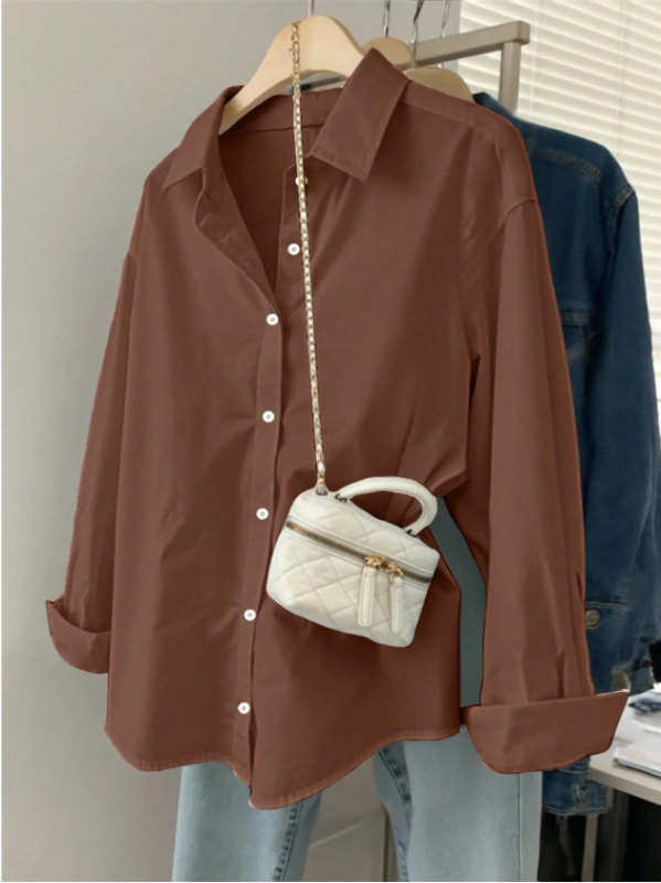 Női hosszú ujjú ing lazán szabott, reveres gallér, poliészter 95%+, középméretű hossz 65–80 cm