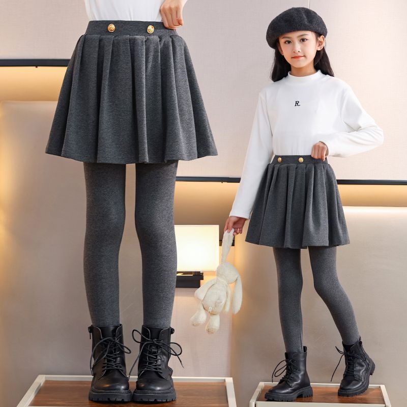 Dječji legging-suknja s flis podstavom i plisiranom suknjom, pamuk, elastični pojas, srednji rise, za djecu preko 8 godina (140 cm+), proljeće-jesen