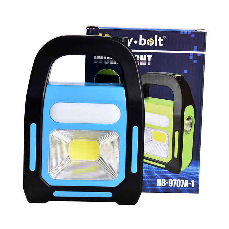 COB solárna nabíjateľná LED pracovná lampa s 360° otočením, ručné generovanie energie, USB nabíjanie, dosah 200–500 m