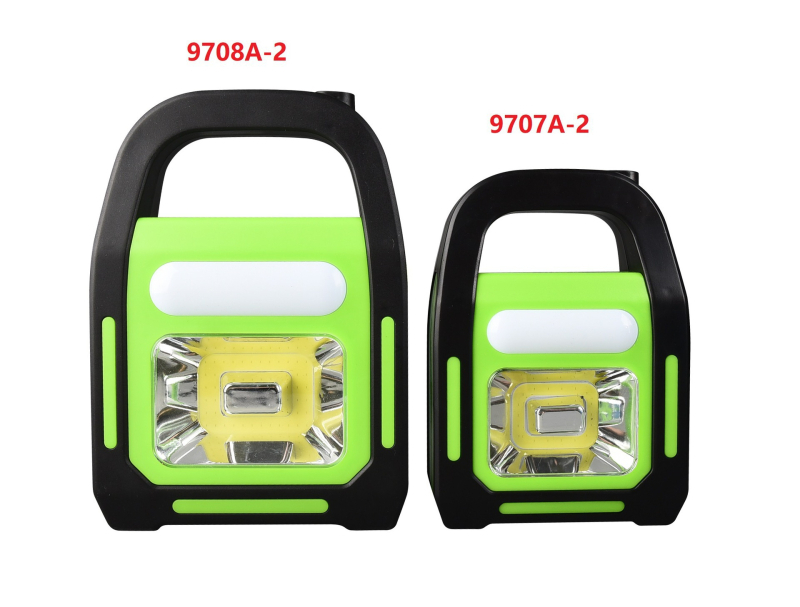 COB solárna nabíjateľná LED pracovná lampa s 360° otočením, ručné generovanie energie, USB nabíjanie, dosah 200–500 m