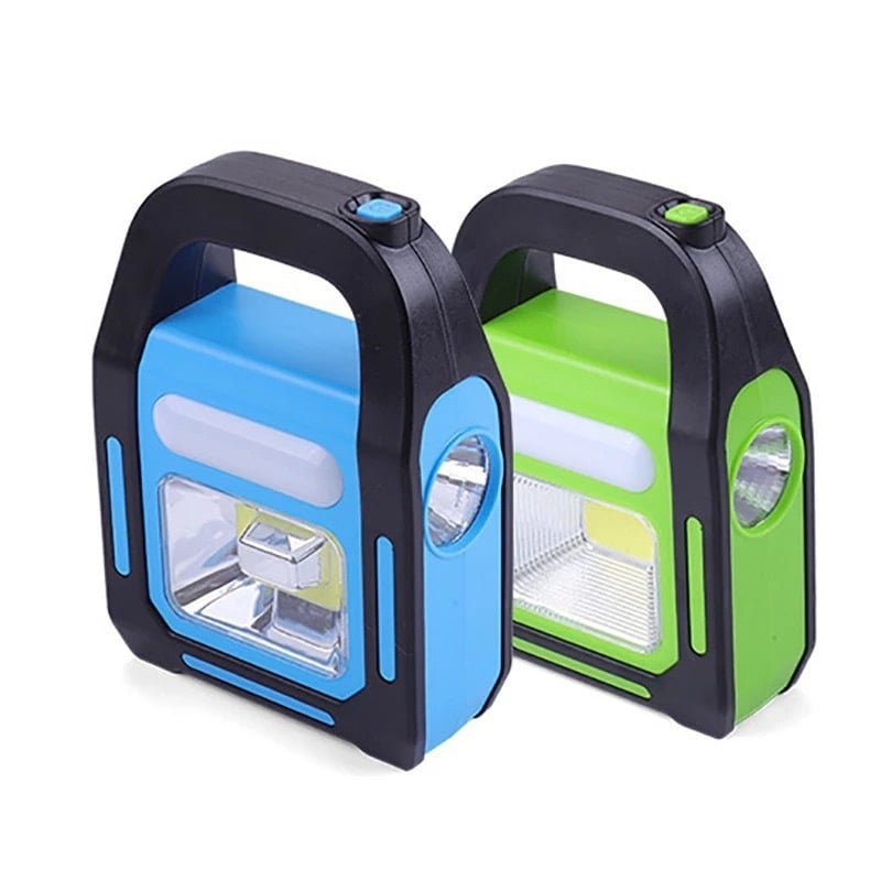 COB solárna nabíjateľná LED pracovná lampa s 360° otočením, ručné generovanie energie, USB nabíjanie, dosah 200–500 m