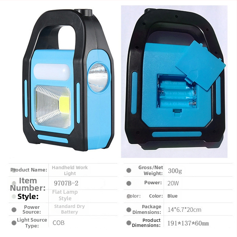 COB solárna nabíjateľná LED pracovná lampa s 360° otočením, ručné generovanie energie, USB nabíjanie, dosah 200–500 m