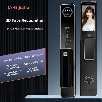 Bejárati ajtóhoz tervezett okos zár CNC alumínium gravírozott felülettel, ujjlenyomat és 3D arcfelismerés, távoli vizuális interkom, hozzáférés jelszó/kulcs/távoli feloldás, Z18 gravírozott modell, szkennelési idő <1s