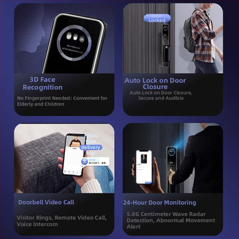 Bejárati ajtóhoz tervezett okos zár CNC alumínium gravírozott felülettel, ujjlenyomat és 3D arcfelismerés, távoli vizuális interkom, hozzáférés jelszó/kulcs/távoli feloldás, Z18 gravírozott modell, szkennelési idő <1s