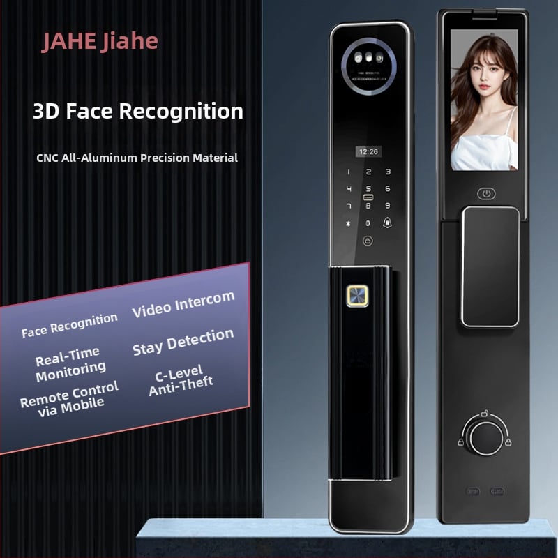 Bejárati ajtóhoz tervezett okos zár CNC alumínium gravírozott felülettel, ujjlenyomat és 3D arcfelismerés, távoli vizuális interkom, hozzáférés jelszó/kulcs/távoli feloldás, Z18 gravírozott modell, szkennelési idő <1s