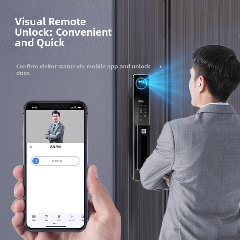 Bejárati ajtóhoz tervezett okos zár CNC alumínium gravírozott felülettel, ujjlenyomat és 3D arcfelismerés, távoli vizuális interkom, hozzáférés jelszó/kulcs/távoli feloldás, Z18 gravírozott modell, szkennelési idő <1s