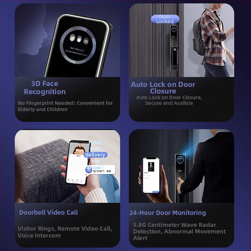 Bejárati ajtóhoz tervezett okos zár CNC alumínium gravírozott felülettel, ujjlenyomat és 3D arcfelismerés, távoli vizuális interkom, hozzáférés jelszó/kulcs/távoli feloldás, Z18 gravírozott modell, szkennelési idő <1s
