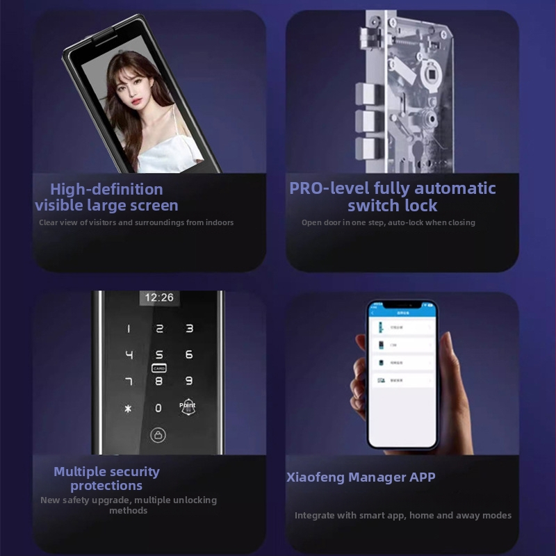 Bejárati ajtóhoz tervezett okos zár CNC alumínium gravírozott felülettel, ujjlenyomat és 3D arcfelismerés, távoli vizuális interkom, hozzáférés jelszó/kulcs/távoli feloldás, Z18 gravírozott modell, szkennelési idő <1s