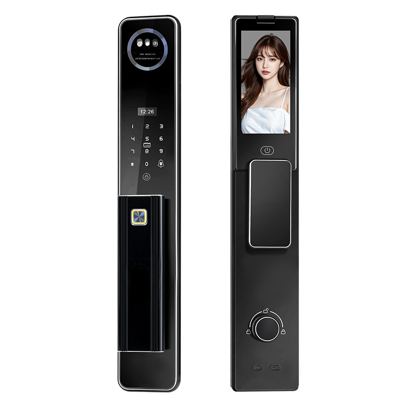 Bejárati ajtóhoz tervezett okos zár CNC alumínium gravírozott felülettel, ujjlenyomat és 3D arcfelismerés, távoli vizuális interkom, hozzáférés jelszó/kulcs/távoli feloldás, Z18 gravírozott modell, szkennelési idő <1s