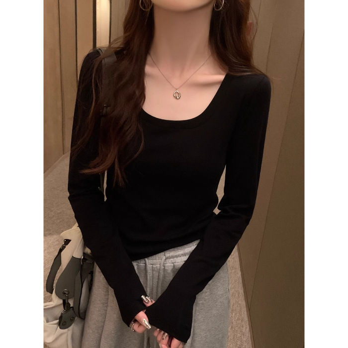 Ženska slim-fit majica s U-izrezom, dugi rukavi, fleece podstava, 92% rayon, 8% spandex, kratka duljina